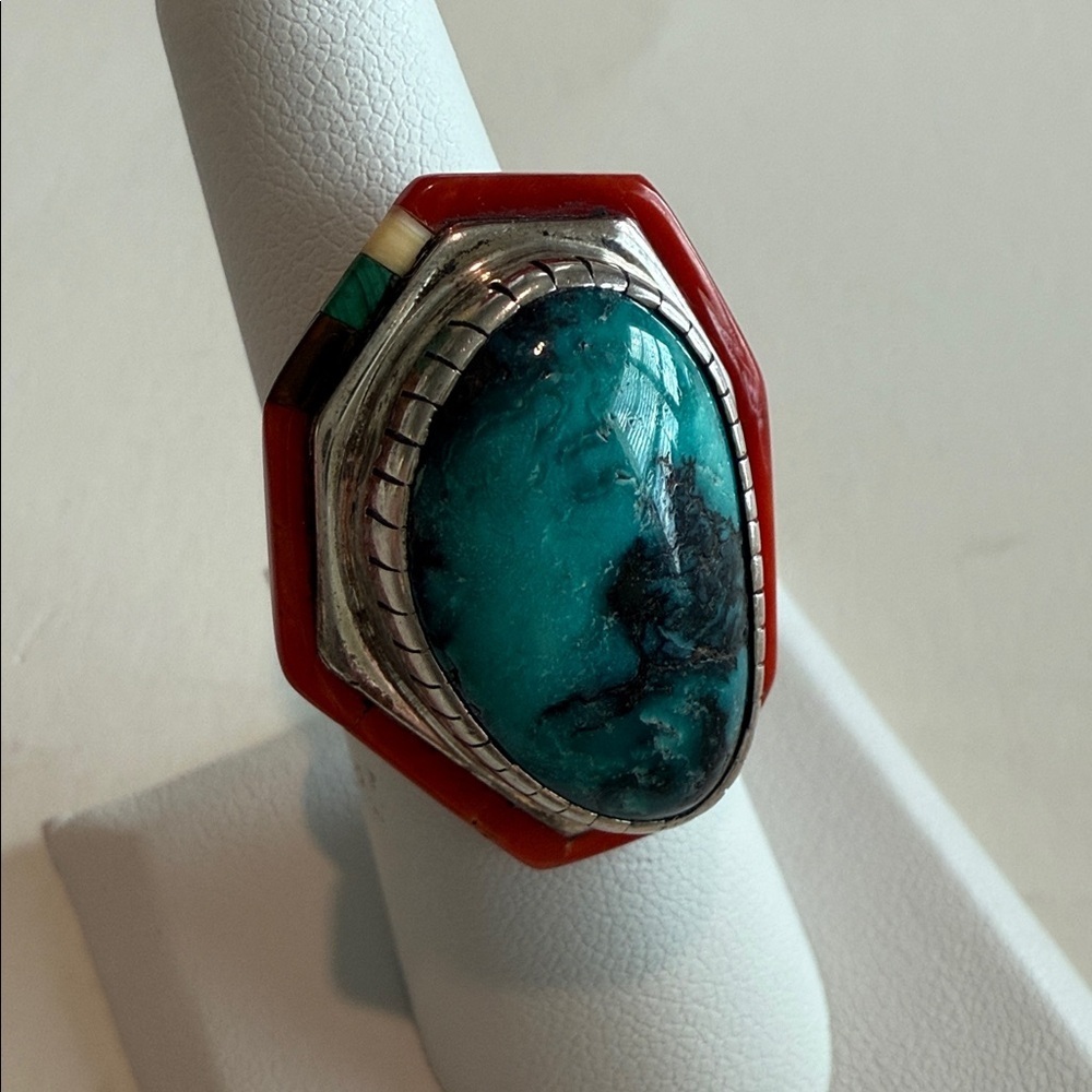 Tony Sanchez Handmade Sterling Silver Turquoise Coral Malachite Jet Ring Size 7 - Picture 3 of 9